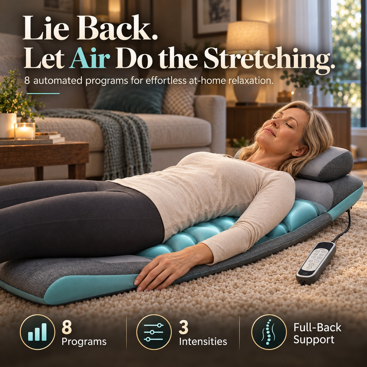 Lie back and let air do the stretching: woman relaxing on the air compression mat with the controller beside her