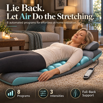 Lie back and let air do the stretching: woman relaxing on the air compression mat with the controller beside her
