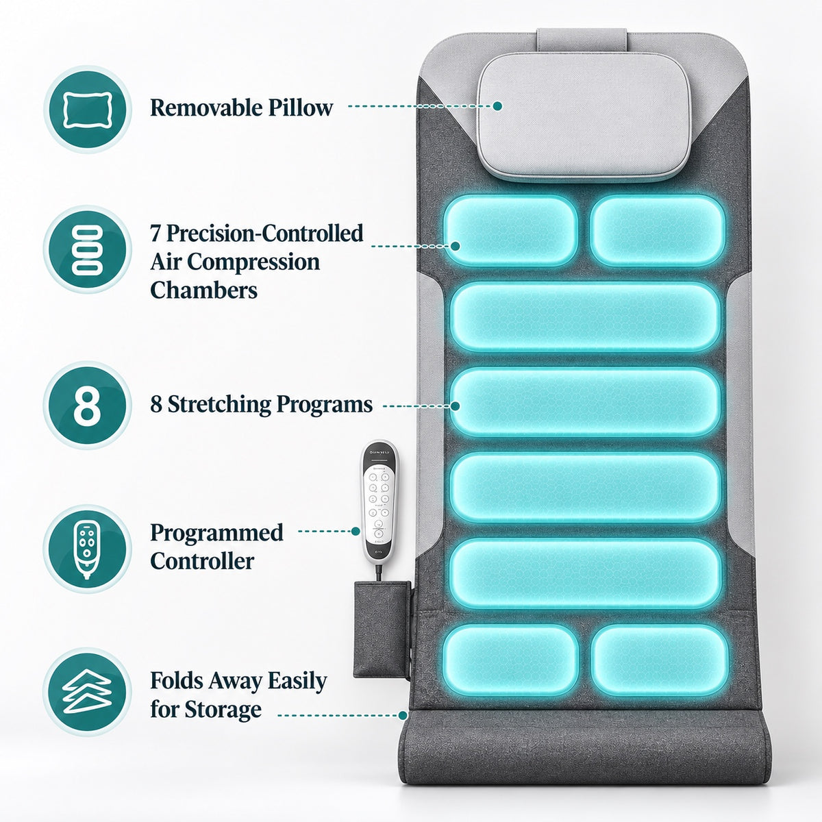 Feature callouts: removable pillow, 7 air compression chambers, 8 stretching programs, wired controller, folds away for storage