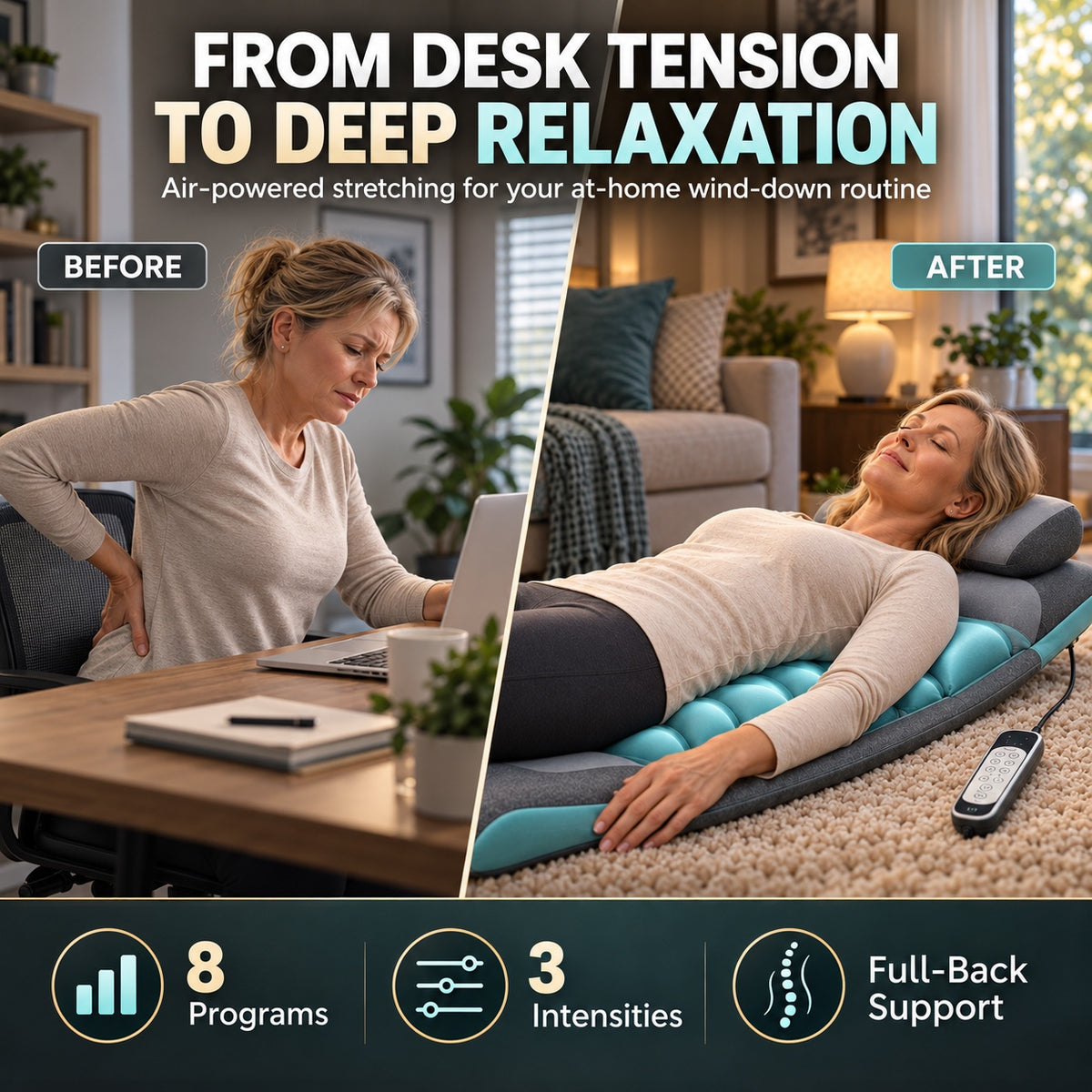 From desk tension to deep relaxation: before at the desk, after lying on the mat