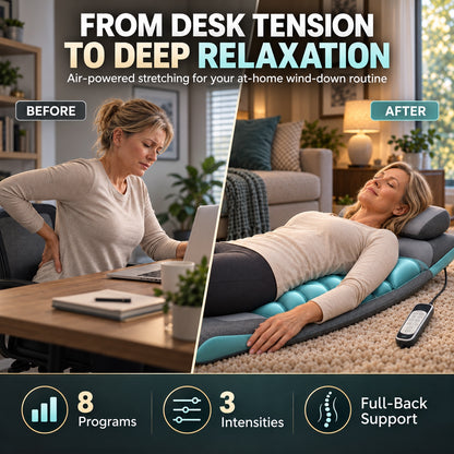 From desk tension to deep relaxation: before at the desk, after lying on the mat