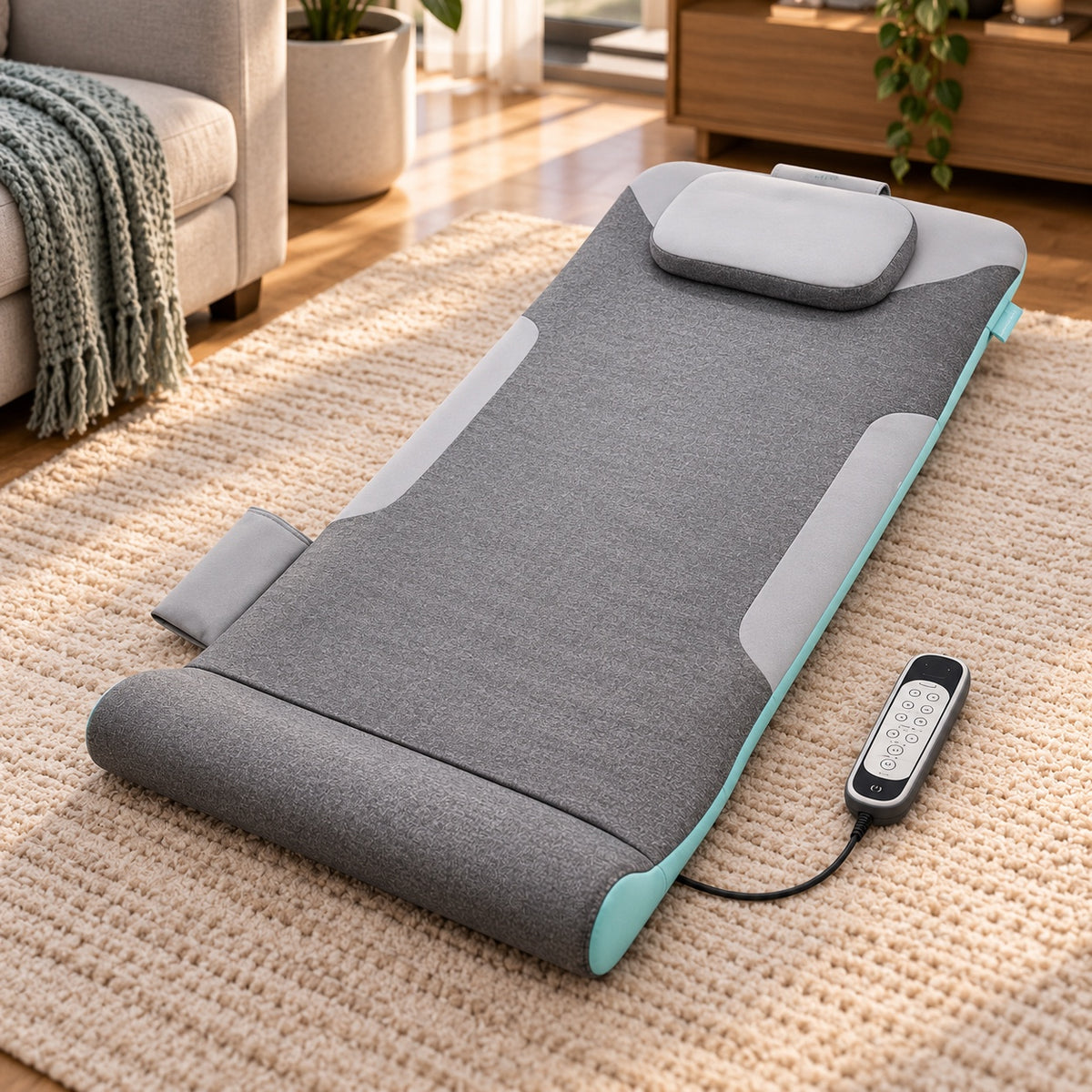 The mat open on a rug next to the sofa, with the wired controller