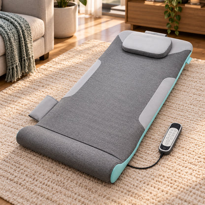 The mat open on a rug next to the sofa, with the wired controller