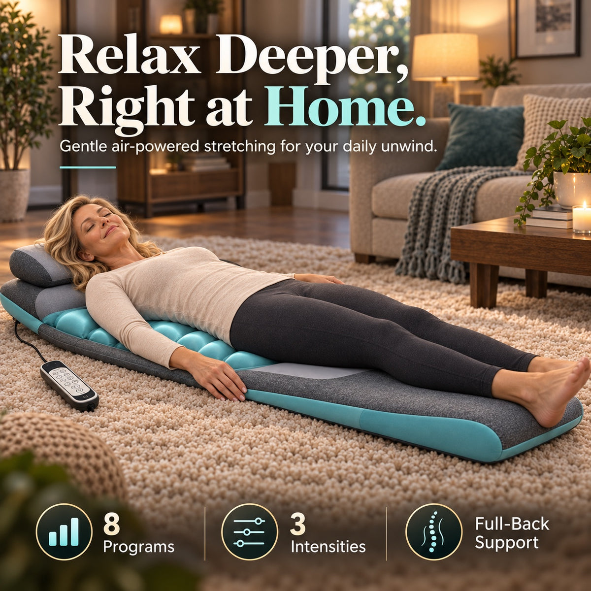 Relax deeper, right at home: woman lying full length on the mat in the living room